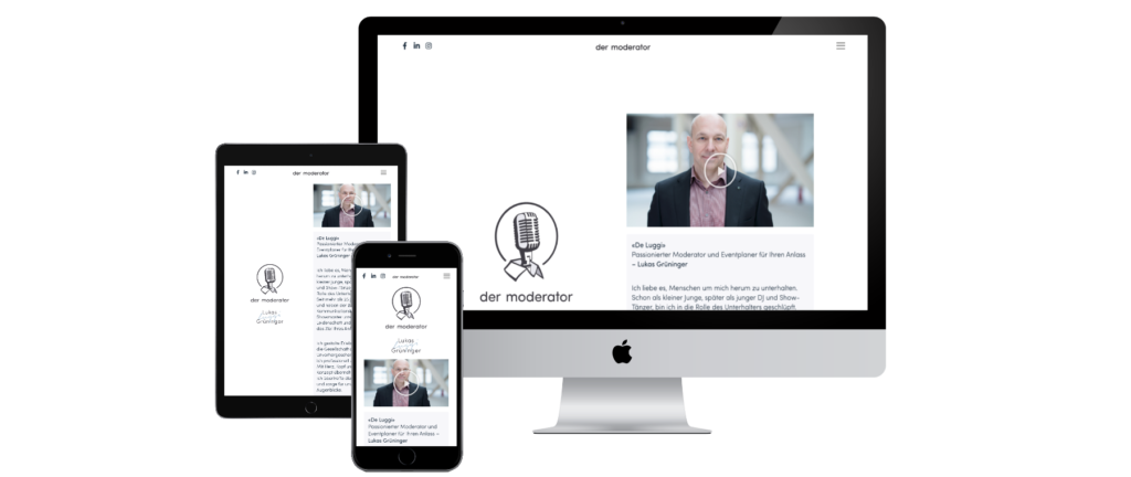 Responsives Webdesign von dermoderator.ch auf Desktop, Tablet und Mobile.