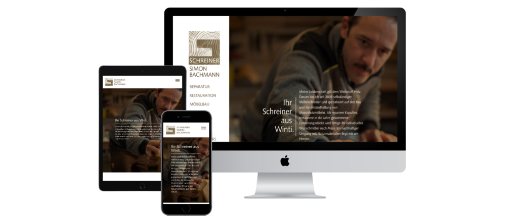 Responsives Webdesign von schreinersimon.ch auf Desktop, Tablet und Mobile.